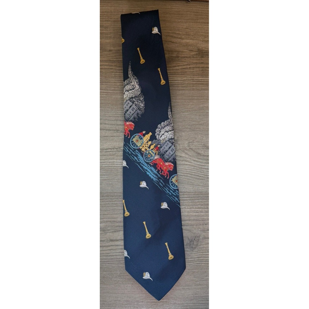 Vintage Roberts Co Firefighter Fire Engine Necktie Navy Crimplene Polyester USA